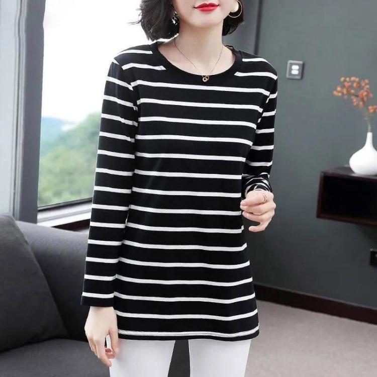 Casual Striped Pullover Shirt Long Sleeved Round Neck Tops for Women Slim Fit