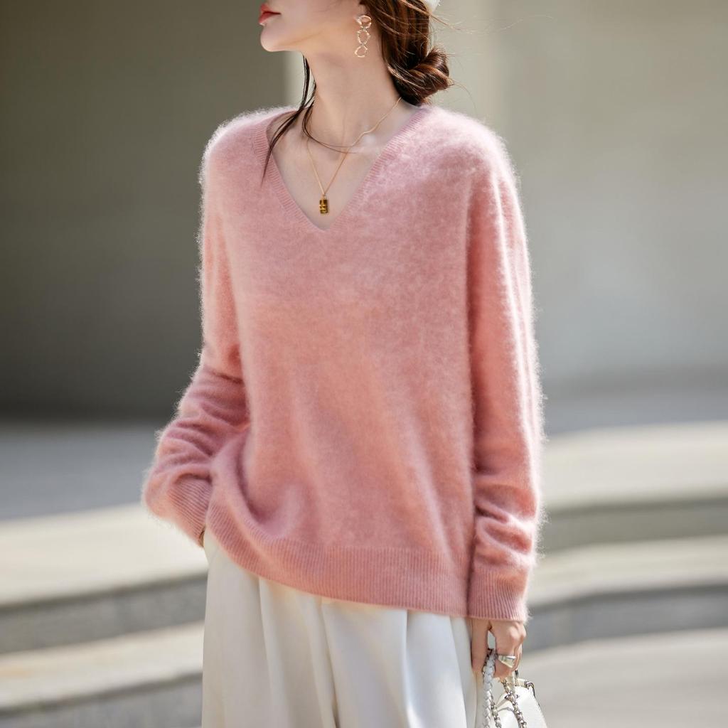 Women's V-Neck Cashmere Wool Pullover Sweater - Seamless, Brushed Knit, Long Sleeve for Autumn/Winter