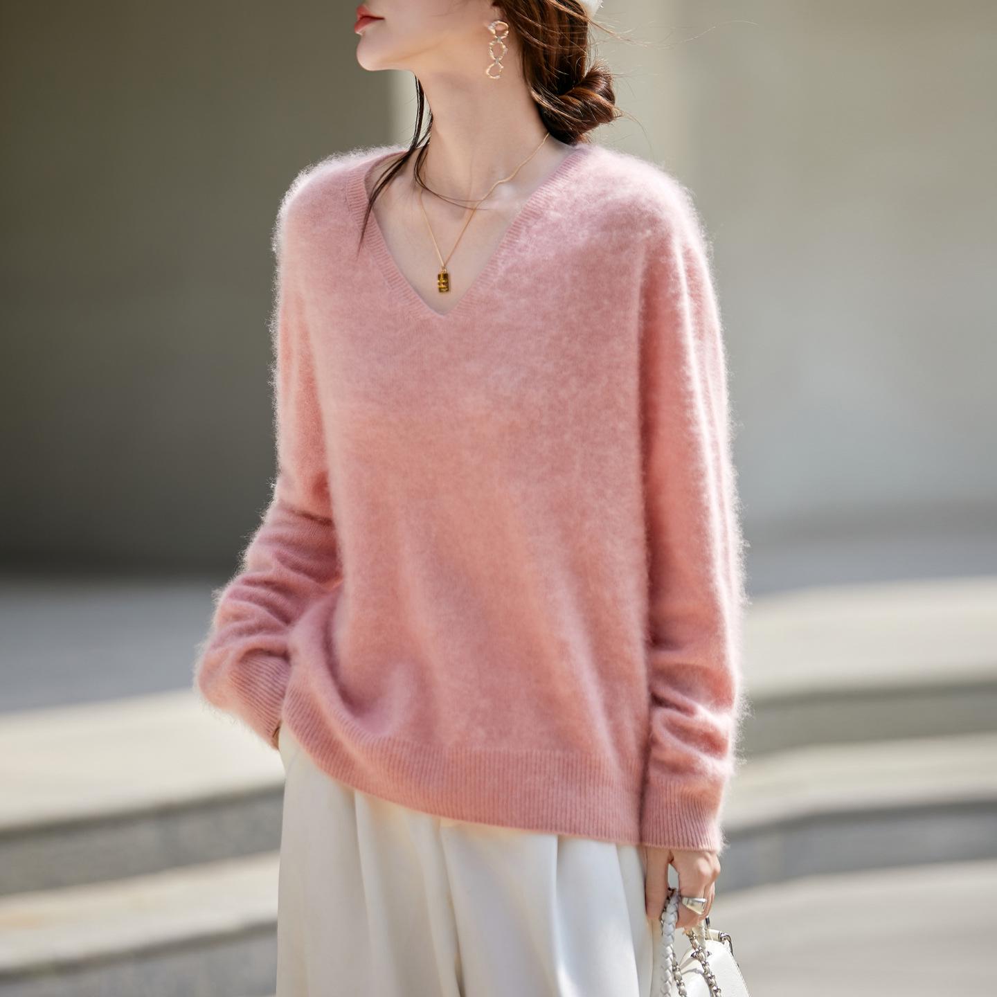 Damen Kaschmir V-Ausschnitt Nahtloser Wollpullover, Neu eingetroffen Herbst/Winter, Langarm Strickpullover Medium rosa