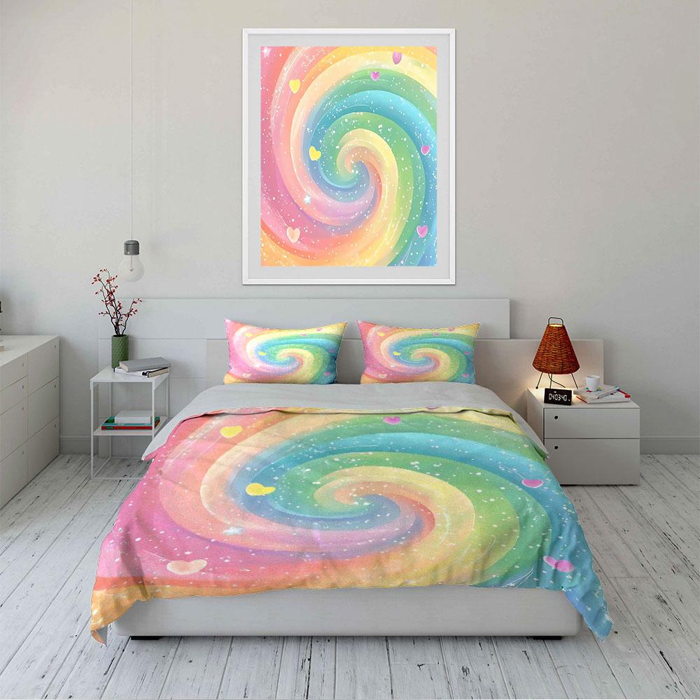 Colorful Swirl with Hearts Bedding Duvet Cover Set Duvet Cover Pillowcases (1*Duvet Cover 2*Pillowcases, Without Duvet Insert)