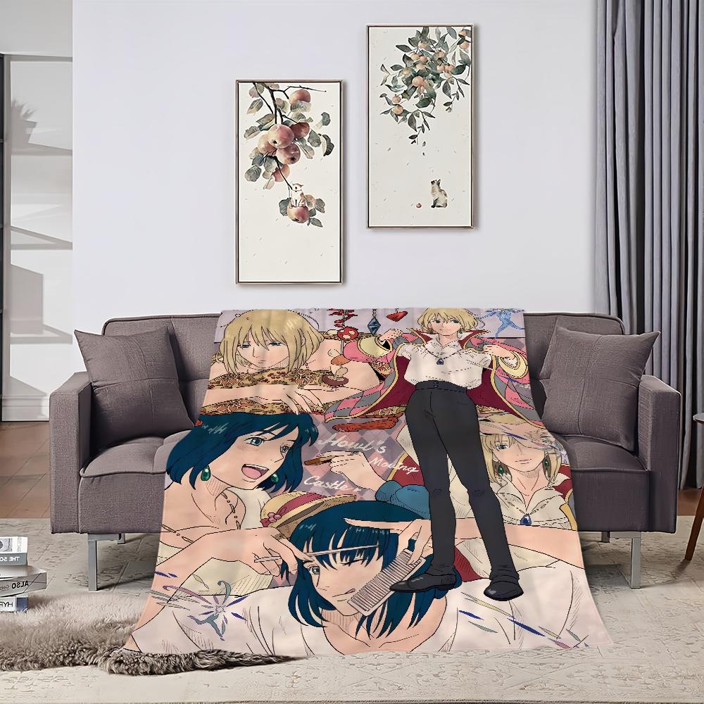 Anime film comfort warm soft plush blanket for sofa living room h-Howl's office bedroom travel Flannel gift m-Moving c-Castle