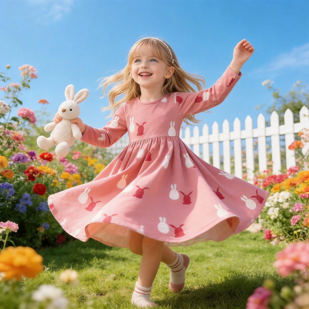 Girl Long Sleeve Cotton Princess Dress With Cartoon Animal Pattern For Kids