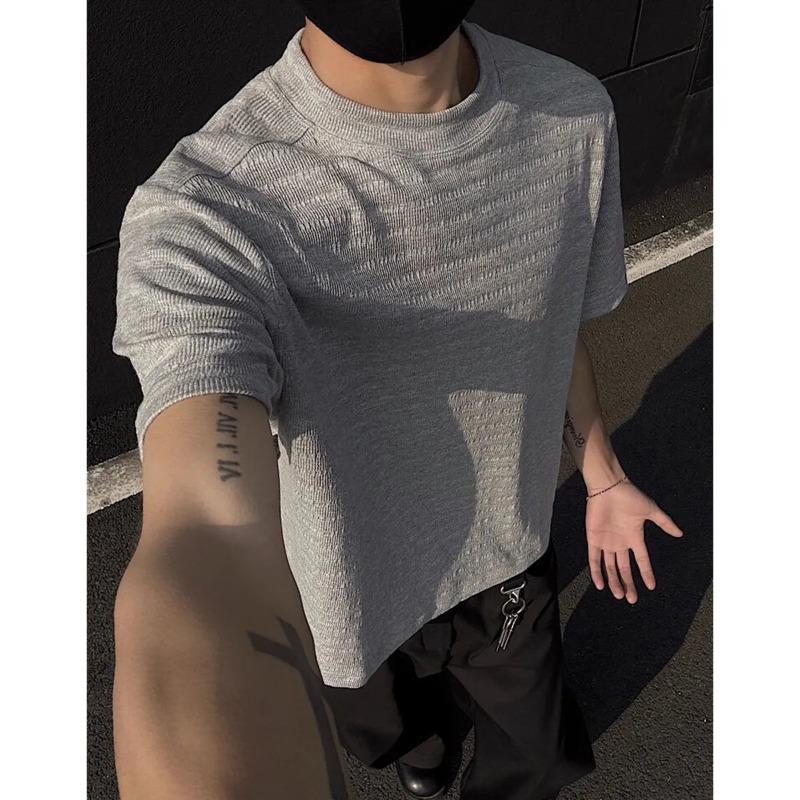 Men's Black Wfle Knit Crew Neck T-Shirt Casual Oversized Short Sleeve Top