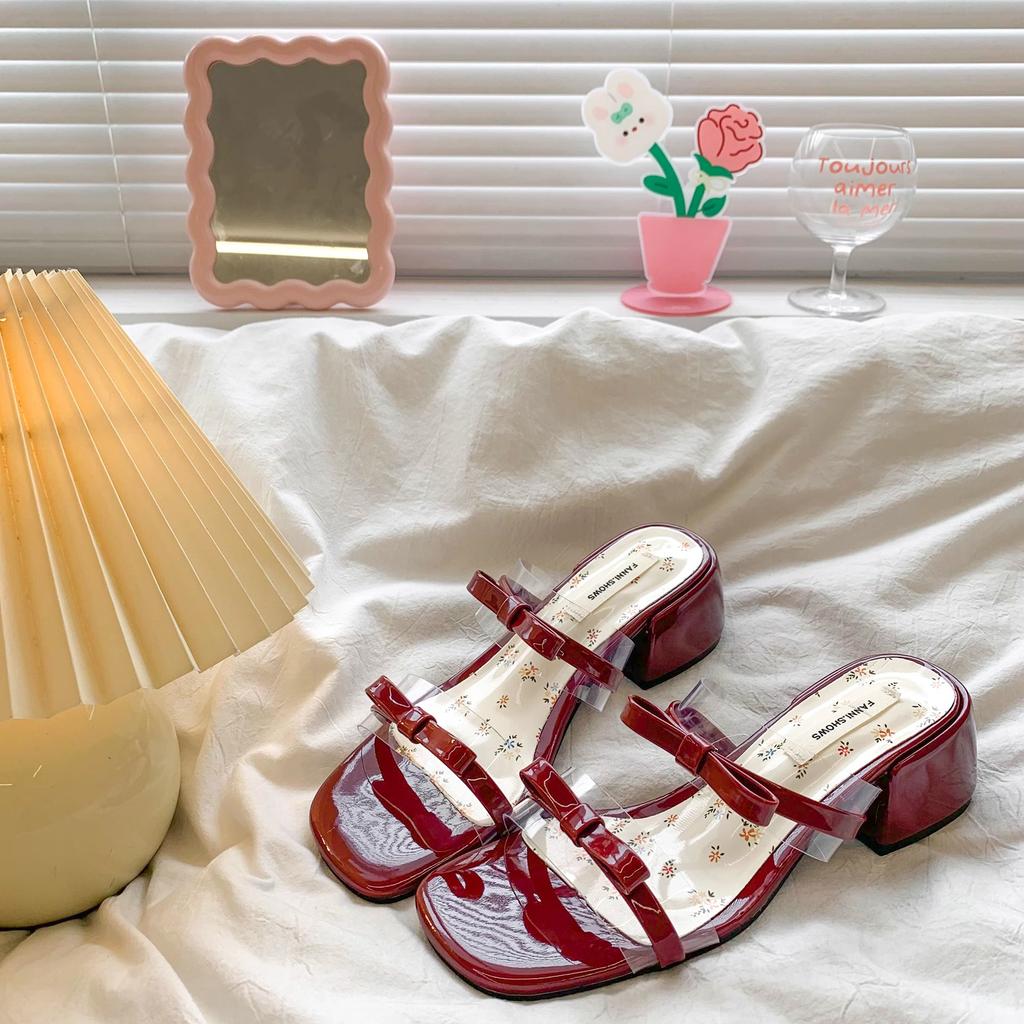 Fashion Slippers Casual Summer Women's Shoes Pantofle Square Heel Butterfly-Knot Heeled Mules Slides Luxury 2025 Block High Pumps