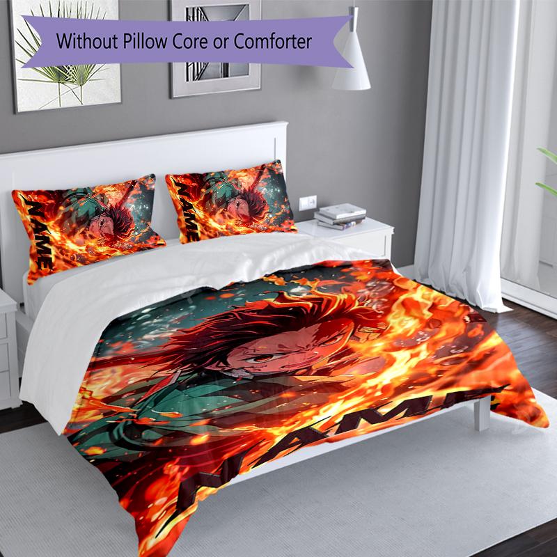 3pcs Custom Name Demon Slayer Tanjiro Set,Includes 1 Duvet Cover and 2 Pillowcases,All-season Bedroom Decor
