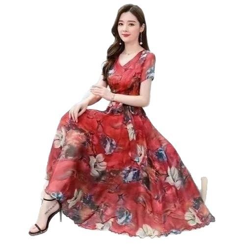 New Summer French Retro Dress Summer Thin Floral Imitation Ice Silk Big Pendulum Beach Long Skirt