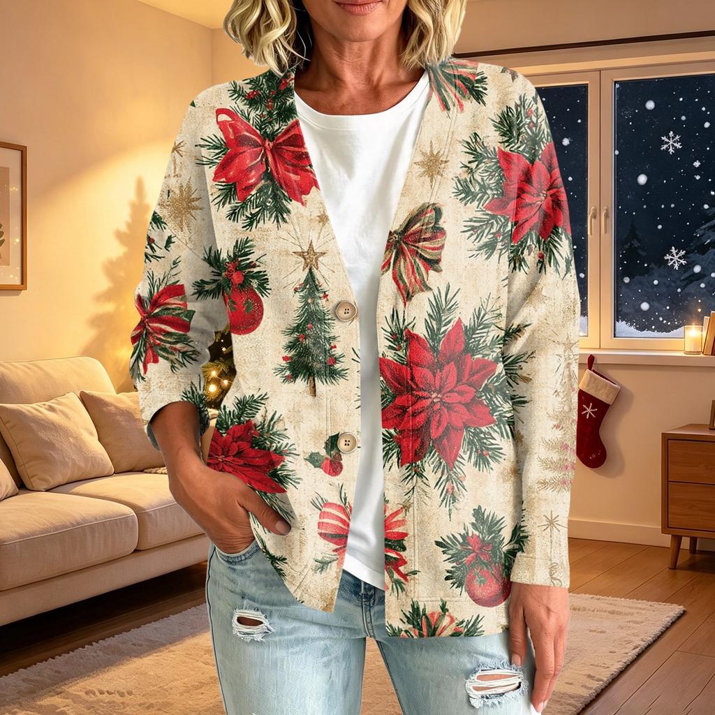 Damen Casual Knopfleistenjacke mit Weihnachtsdruck für festliche Feiertage