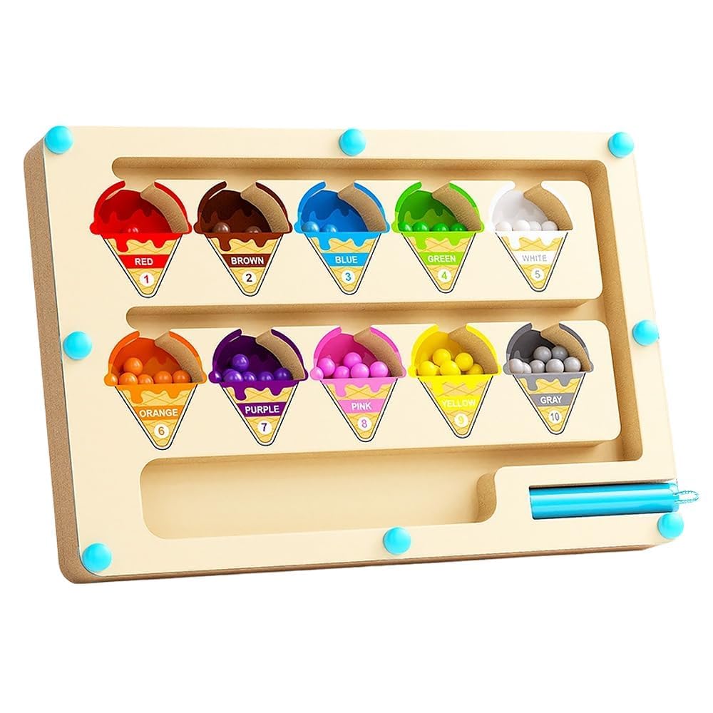 Montessori Wooden Toy, Brain Training Toy, Magnetic Color and Number Maze Toy, Wooden Magnetic Balls, Hand-Eye Coordination, Fibrillation Control,