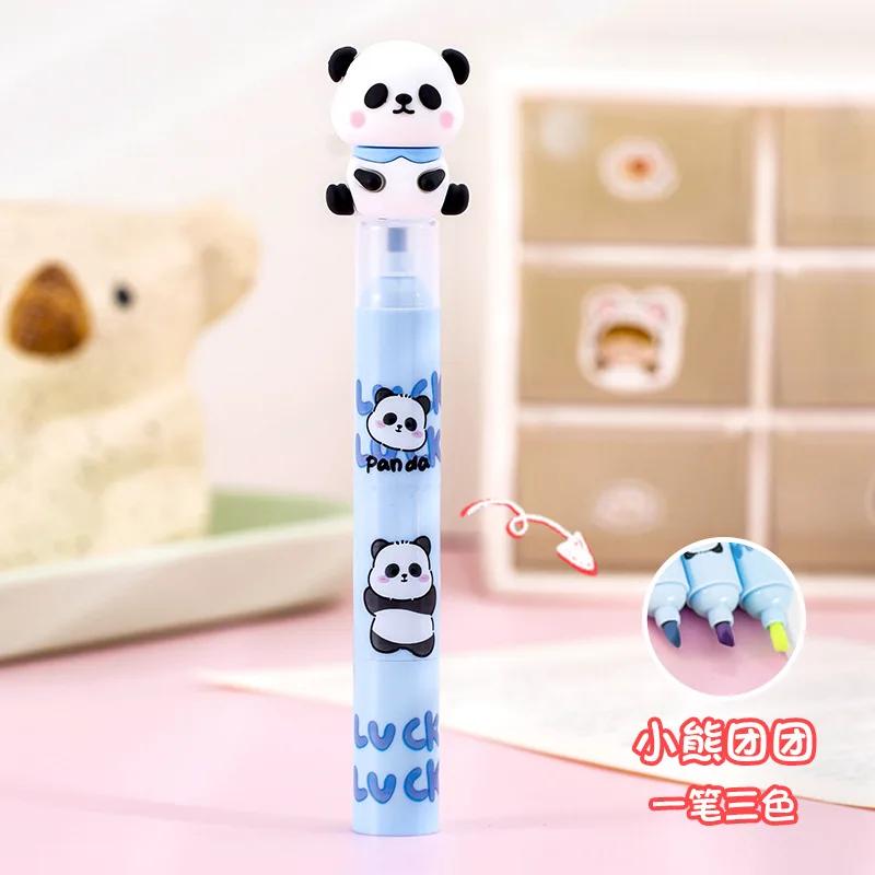 1pcs 3 in 1Cartoon Panda Three Color Splice Highlighter Pen Student Creative DIY Colorful Hand Ledger Stroke Key Marker Pen