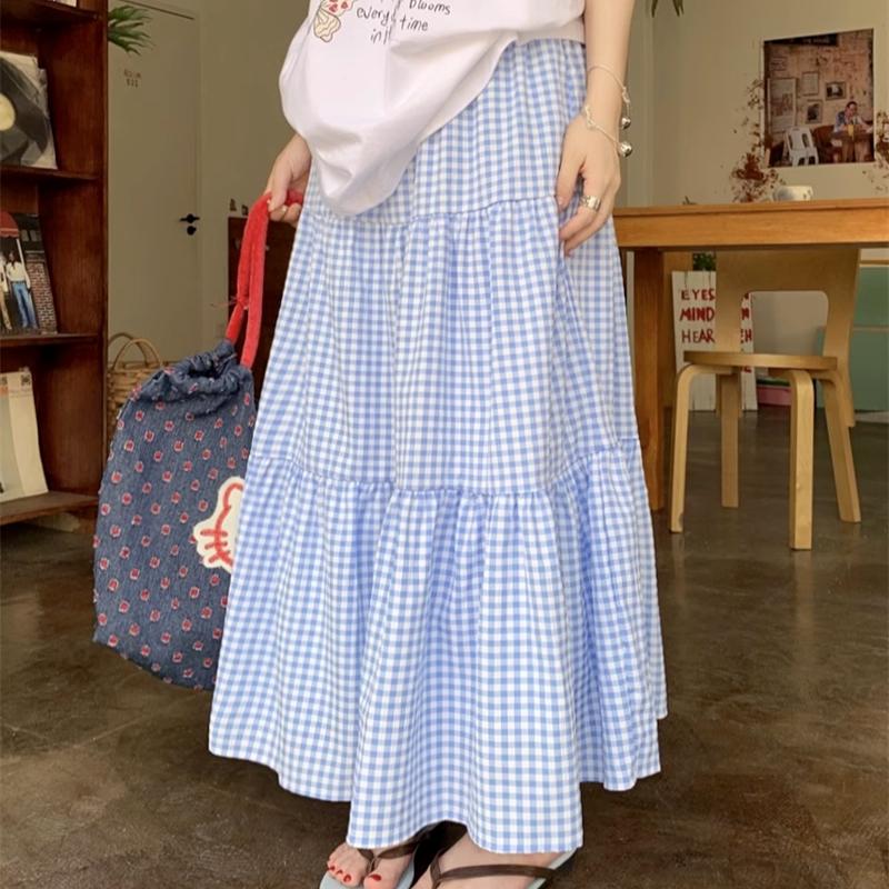Women's Vacation Casual Mini Checkered Tiered Cake Skirt - High-Waist Slimming A-Line Midi Skirt for Summer with Hip Coverage