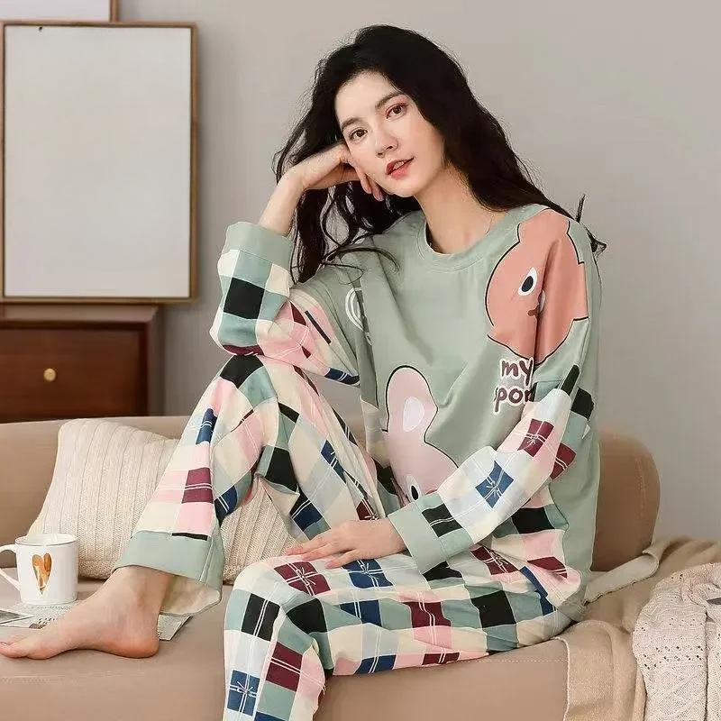 Herbst Frühling Frauen Neue Pyjamas Set Langarm Rundhals Frau Nachtwäsche Pringitng Mädchen Casual Loungewear