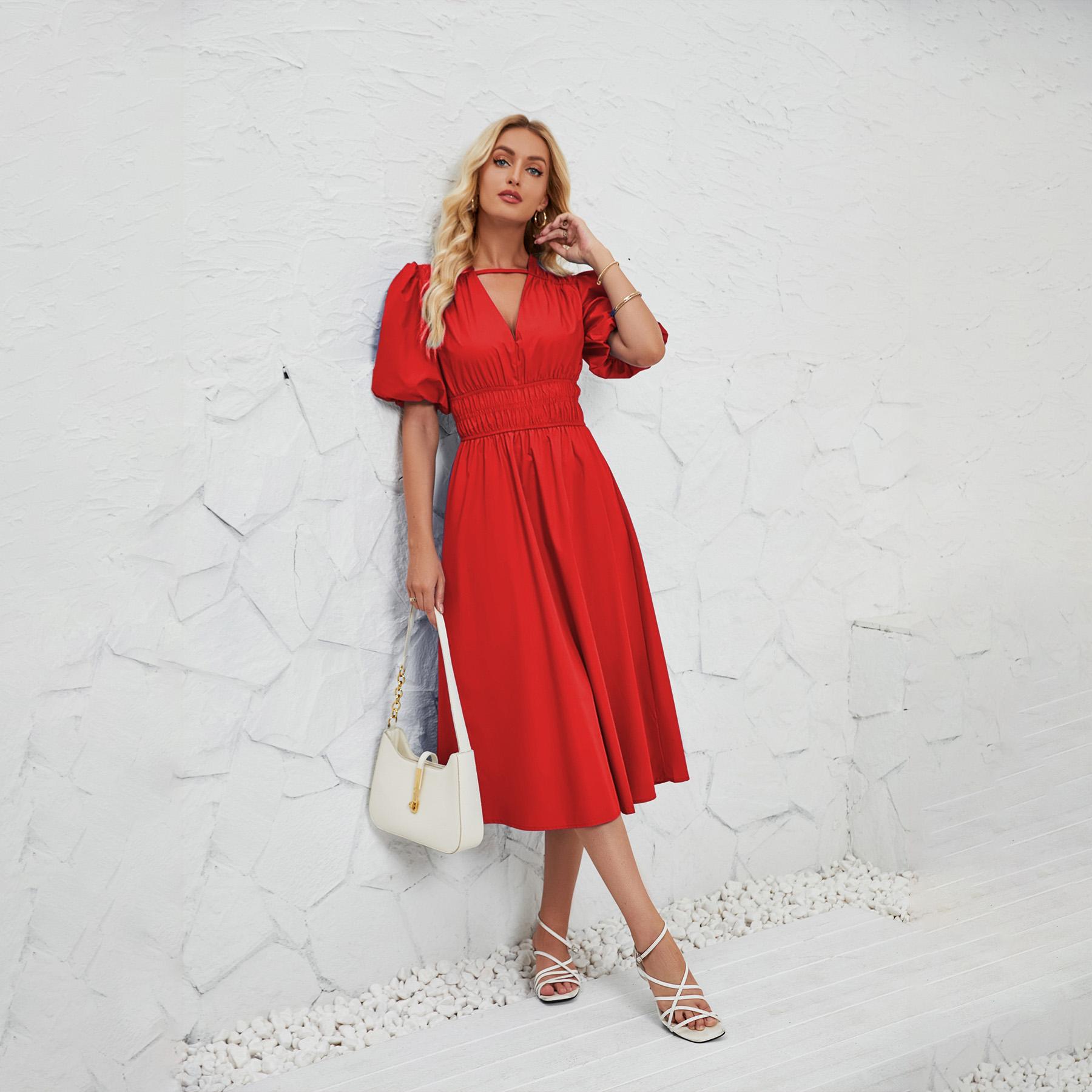 

Летнее женское модное однотонное плиссированное платье с коротким рукавом длиной до щиколотки без бретелек XL красный