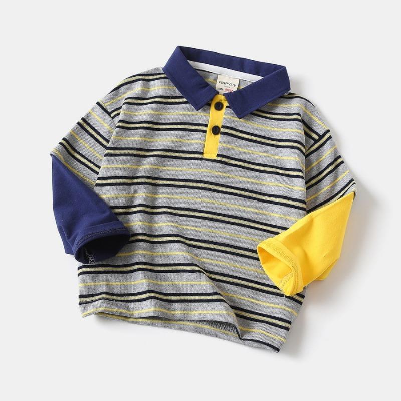 Boys Color Block Turn Down Collar Striped Long Sleeve Casual Kids Polo Shirt