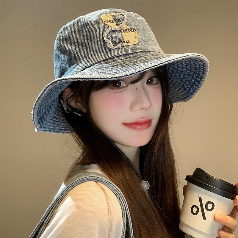 Japanese bear embroidered denim bucket hat women's season new big head circumference big brim sunshade washbasin hat