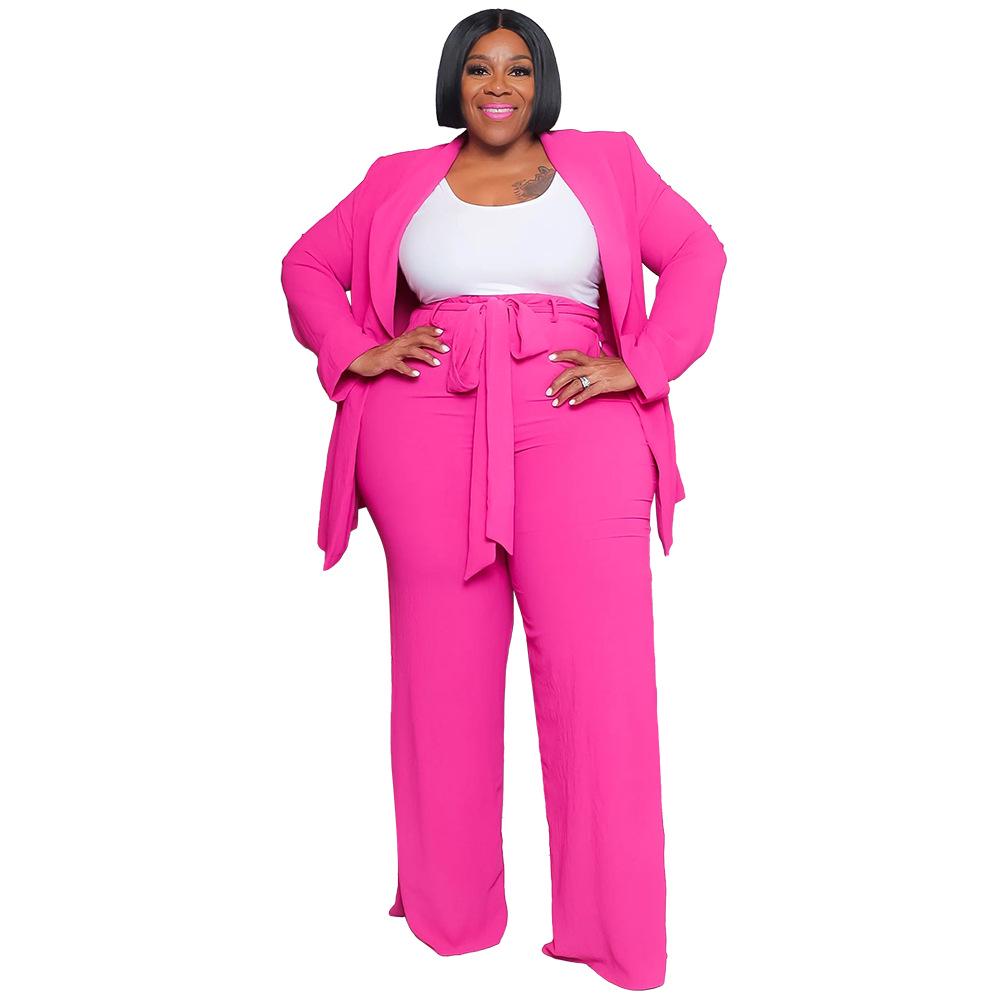European & American Plus Size Women's Professional Casual Two-Piece Set - Long Sleeve Top & Pants with Tie