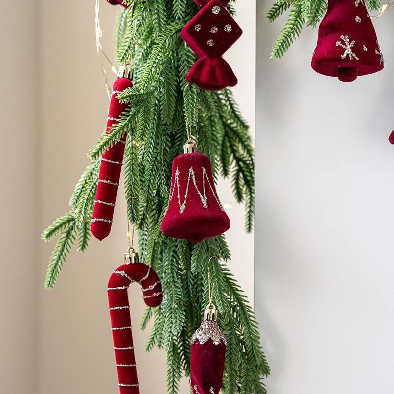 2Pcs Red Velvet Christmas Tree Ornaments Candy Cane Bell Icicle Hanging Pendants 2026 New Year Christmas Party Home Decoration