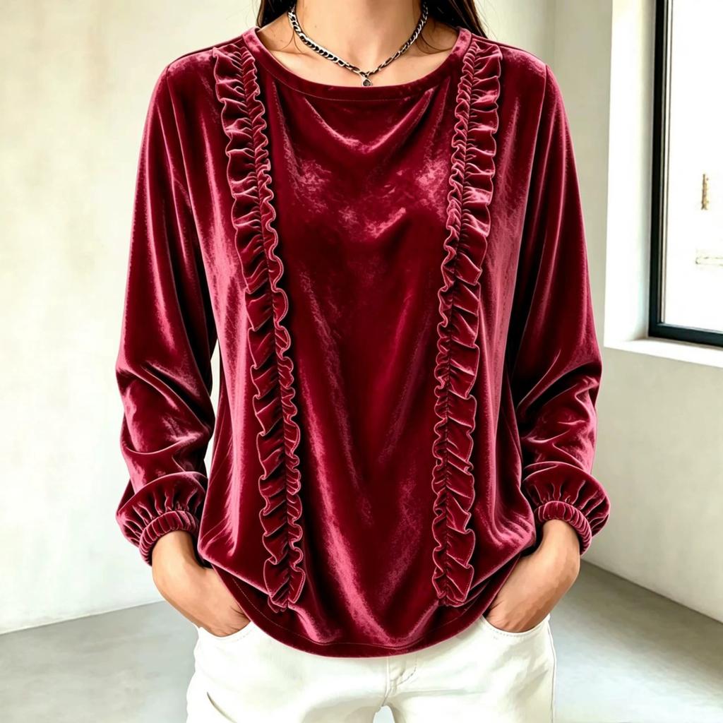 Women's Fashion Color Long Sleeve Ruffle Trim Top for Casual Everyday Wear