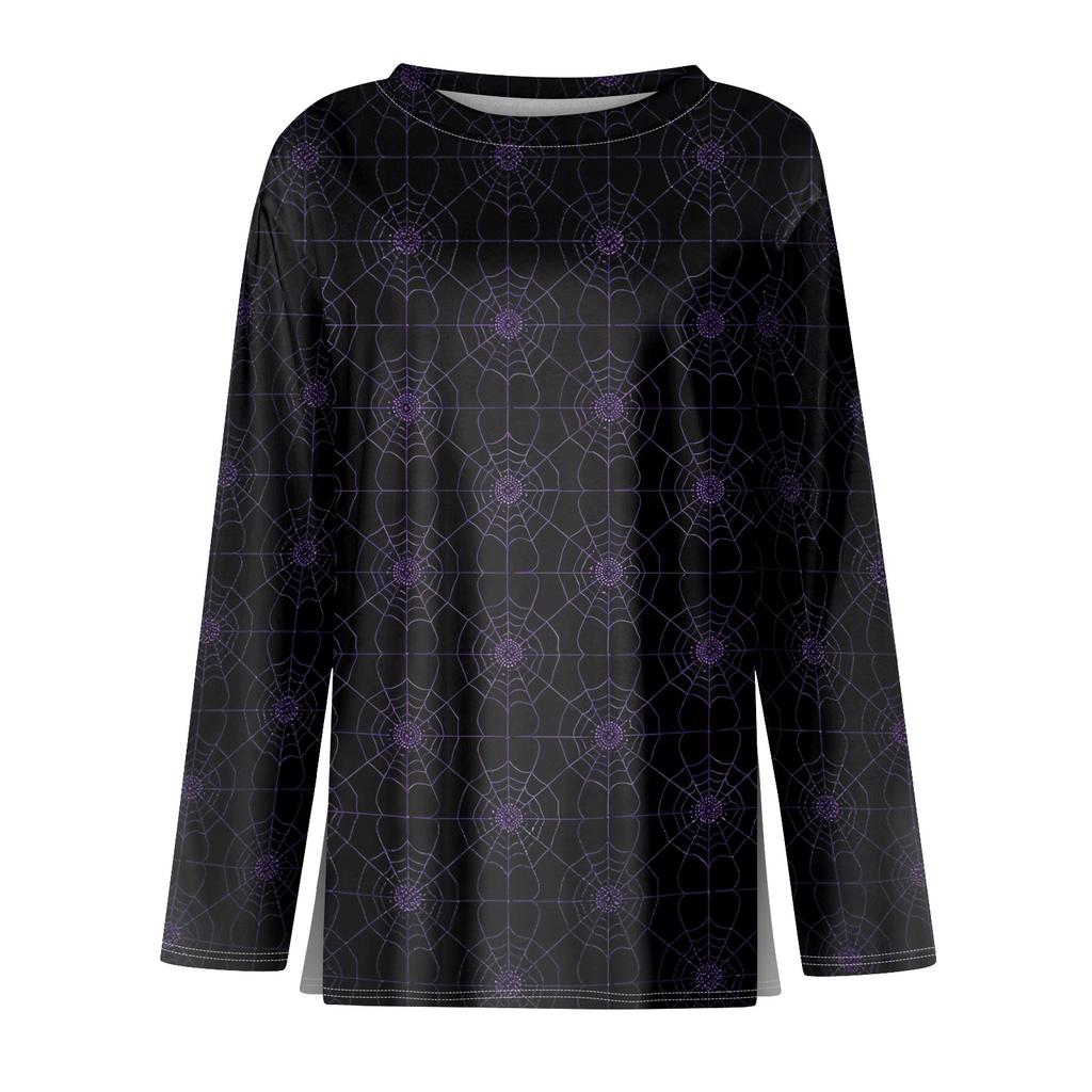 Women's Halloween Print Long Sleeve Round Neck Top with Hem Slit