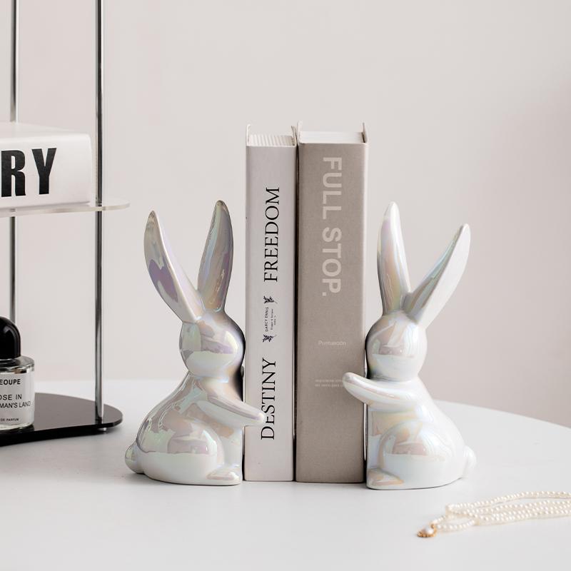 Creative Ceramic Figurines Chinese Minimalist Rabbit Sculpture Bookshelf Desktop Book Stand Decoration Ornament Home Decoration