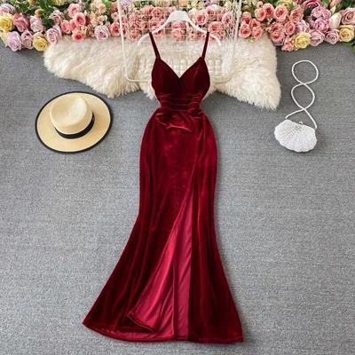 Sexy Deep V-Neck Backless Split Dress Women Off Shoulder Fashion Vintage  Evening Party Dresses Lady Red Korean Strap Design Slim Dress 2024