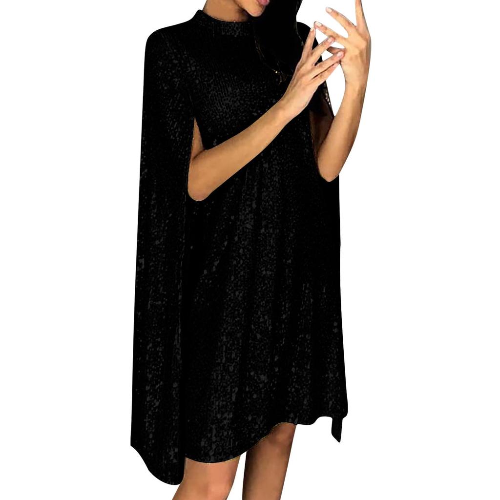 Women's Fashionable And Sexy Color Stand Up Collar Cape Sleeve Sequin Party Dress