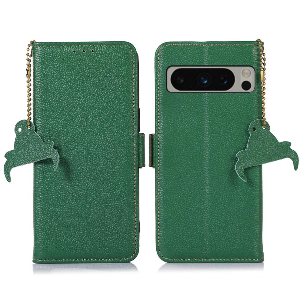 

For Google Pixel 8 Pro Genuine Cow Leather Phone Cover RFID Blocking Wallet Stand Phone Case Green