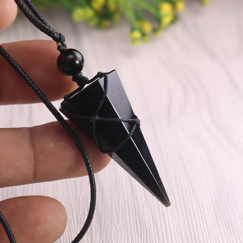 Natural Obsidian Stone Crystal Point Pendant Black Stone Charm Necklace Amulet