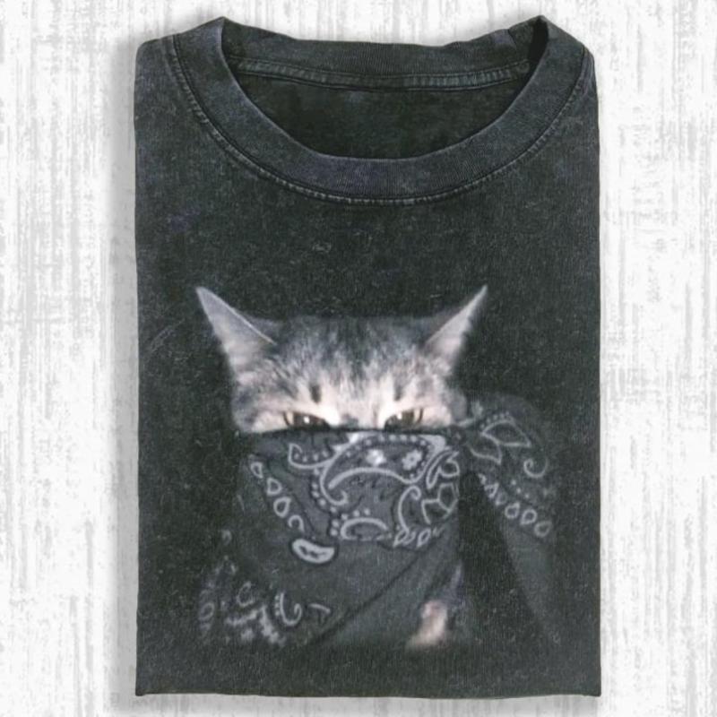 Męska Maska Bandana Koszulka z Graficznym Kotem Sprana Luźna Oversize Krótki Rękaw T-shirt Codzienny Streetwear Unisex Fajne Zwierzę Domowe Nadruk Zwierzęcy Góry