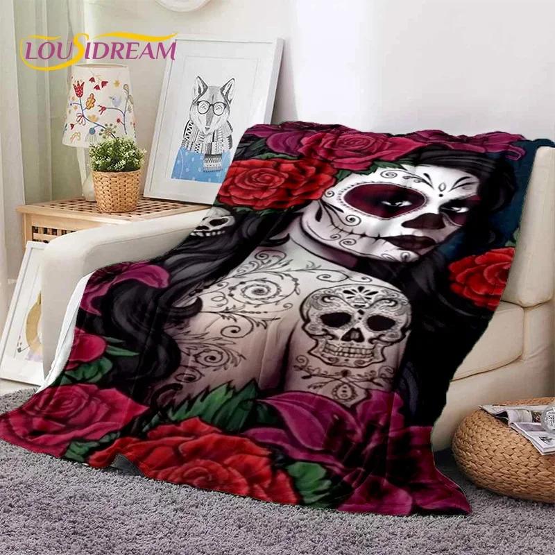 Skull Dead Girl 3D Gothic Horror Female Rose Soft Flannel Blanket,Throw Blanket Comfortable Blanket for Picnic Beds Home Bedroom