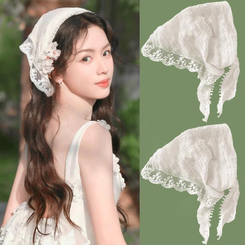 French Lace Triangle Hair Scarf Women Girls Spring Summer Korean Hair Band Sweet Scarf Headband Women Girl Headscarf Headdress