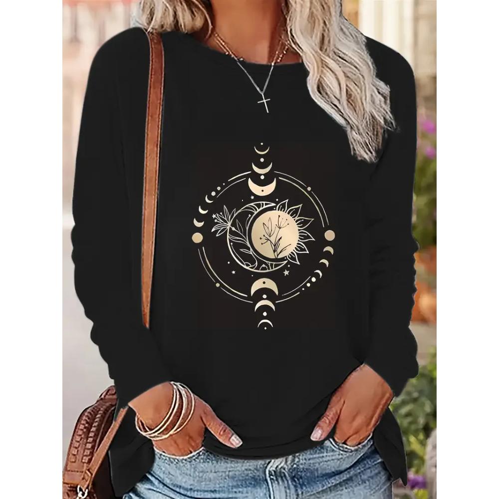 Women's Long Sleeve T-Shirt Sun Moon Stars Floral Design Vintage T Shirt Women's Print T-Shirt Crew Neck Top Tee Tshirt Casual