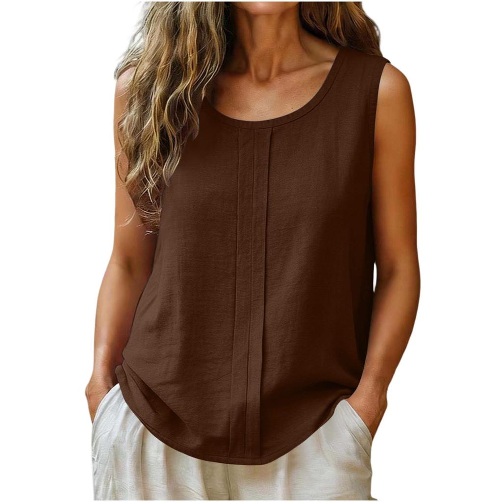 Women Sleeveless Linen Cotton Casual Tank Top Loose Fit Round Neck Lightweight Blouse for Summer Daily Wear