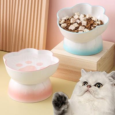 Cute High Foot Ceramic Cat Bowl Large Capacity Slanted Pet Drinking Bowl Neck Protection Claw Pattern Dog Food Bowl Pet Eating