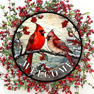 1pc, Cardinal and Holly Berry Welcome Wreath Sign, Winter Rustic Metal Tin Sign, Red Bird Decorative Stained Glass Wall Hanging