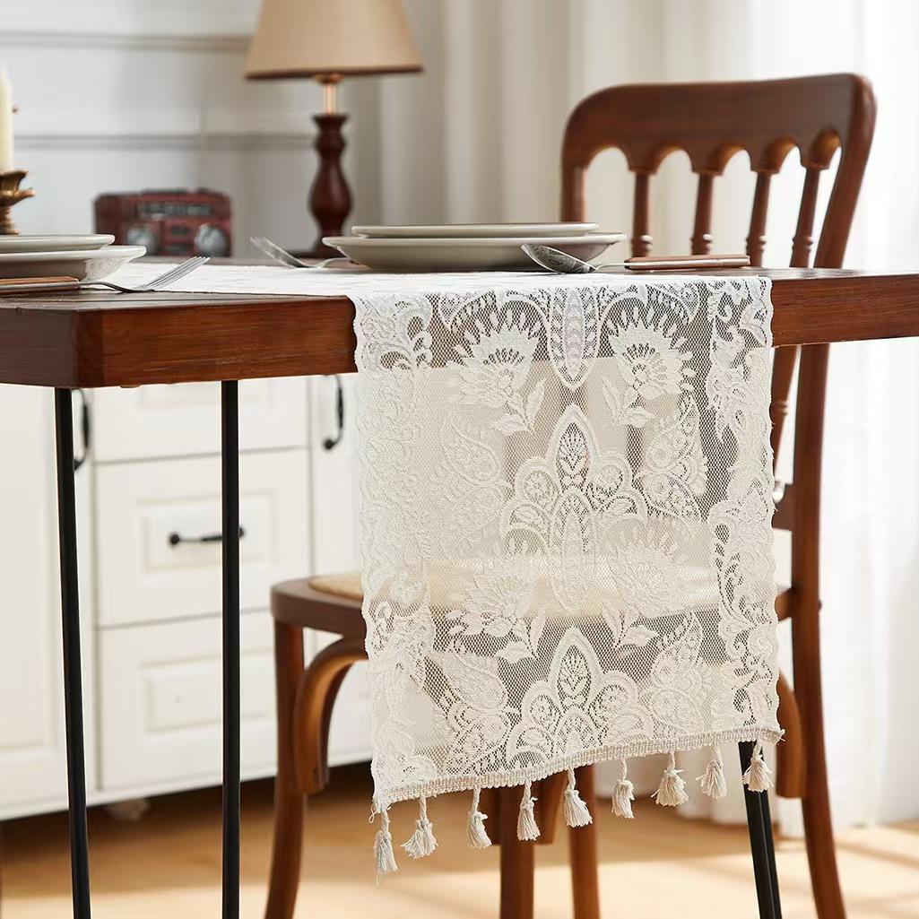 

1Pcs Vintage Lace Hollowed Out Tassel Table Flag American Dining Table Cover Pastoral Style Tablecloth Home Decor Table Runner 30*220cm