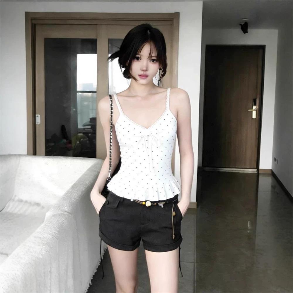 Korean White Sweet Polka Dot Ruffle Hem Sling Vest Women's Spring New Inner Sleeveless Stacked Top