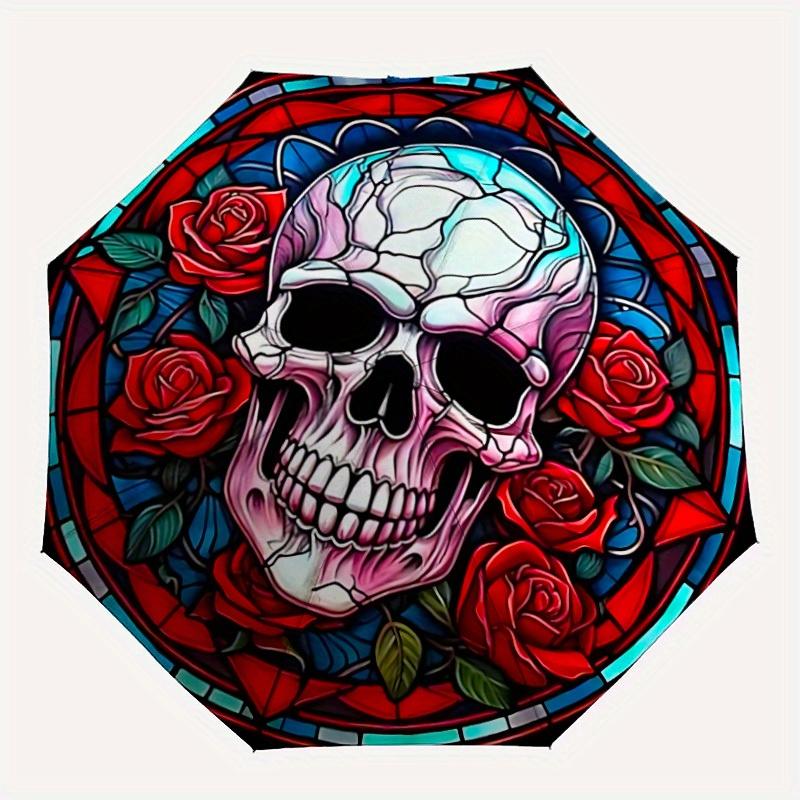 

1pc Stained Skull Umbrella - 8-Rib Automatic Open/Close, Fashionable Compact Umbrella for Outdoor Adventures yy250813170