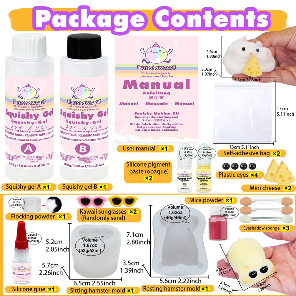 FUNSHOWCASE Ručně vyráběné Squishy Squishy Pryskyřice 2 Formy na Křečky Barvivo Vláknina Stres Nadýchaná Řemeslná Sada, Set, + + Zahrnuto, DIY, Úleva,