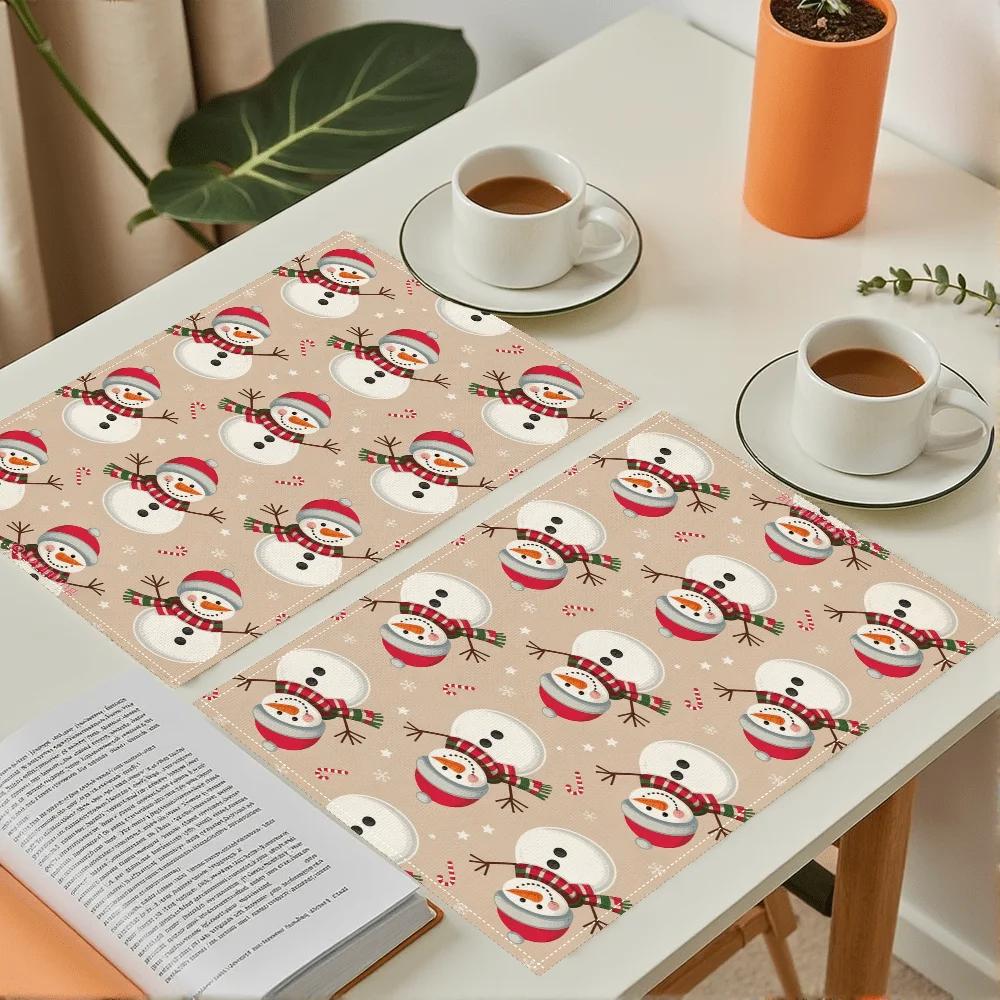 4pcs Winter Snowman Snowflake Placemats Set Beige Brown Christmas Table Decorations with Red Green Snowmen