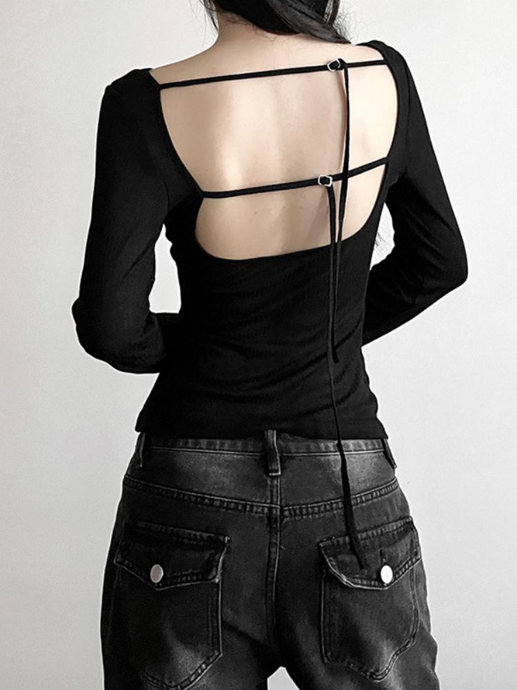 Women Autumn Long-sleeved Slash Neck Crops Tops Elastic Sexy Slim Backless T-Shirts Female New Fashion Lace-up Solid Top Tees