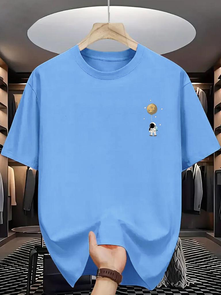 Unisex Cotton Tee Astronaut Planet Chest Graphic Print Loose Breathable Summer Crew Neck Casual Street T Shirt Unisex Daily Wear