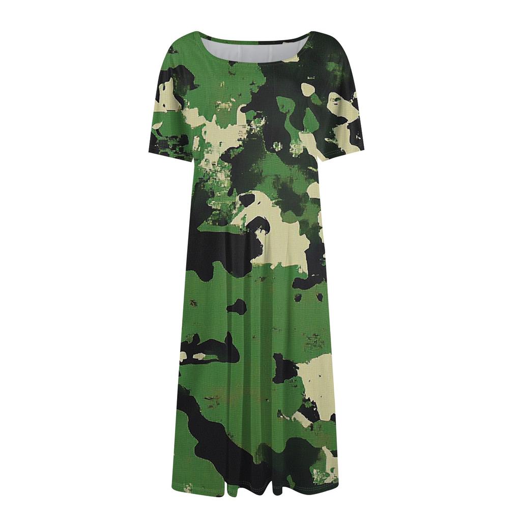 Women's Loose Casual And Fashionable Round Neck Short Sleeved Printed Mid Length Dress