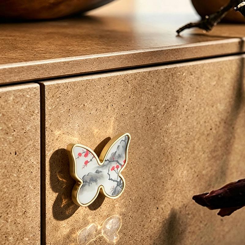 Butterfly Shaped Cabinet Knobs Unique Chinese Painting Pattern Easy Install Furniture Handles for Wardrobe Drawer