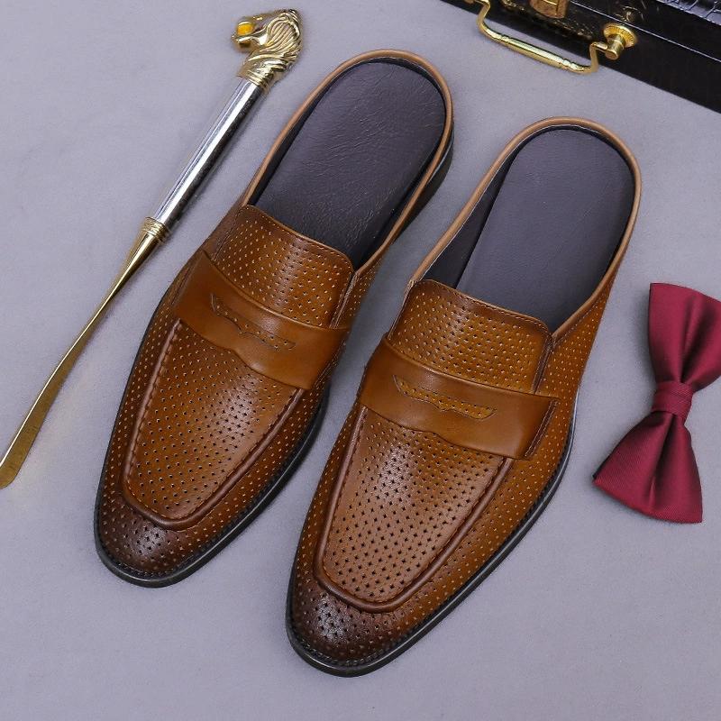 Fashion Closed Toe Half Shoes for Men Black Mules Slippers Slip On Genuine Cowhide Leather Hollow Out Flat Sandals Man Summer 2025