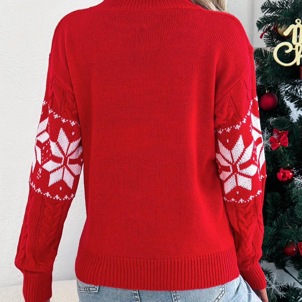 Christmas Woman Sweater Autumn Winter Casual Contrast Color Snowflake Pattern Knitted Tops Round Neck Long Sleeved Pullover