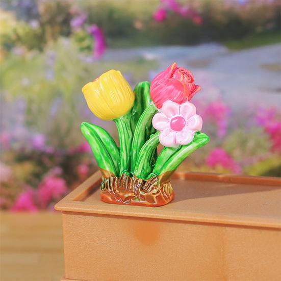 4 Peças Miniatura de Aglomerado de Flores Pequena Resina Falsa Girassol Tulipa Grama Modelo para Jardim de Fadas Micro Paisagem Decoração de Casa de Bonecas