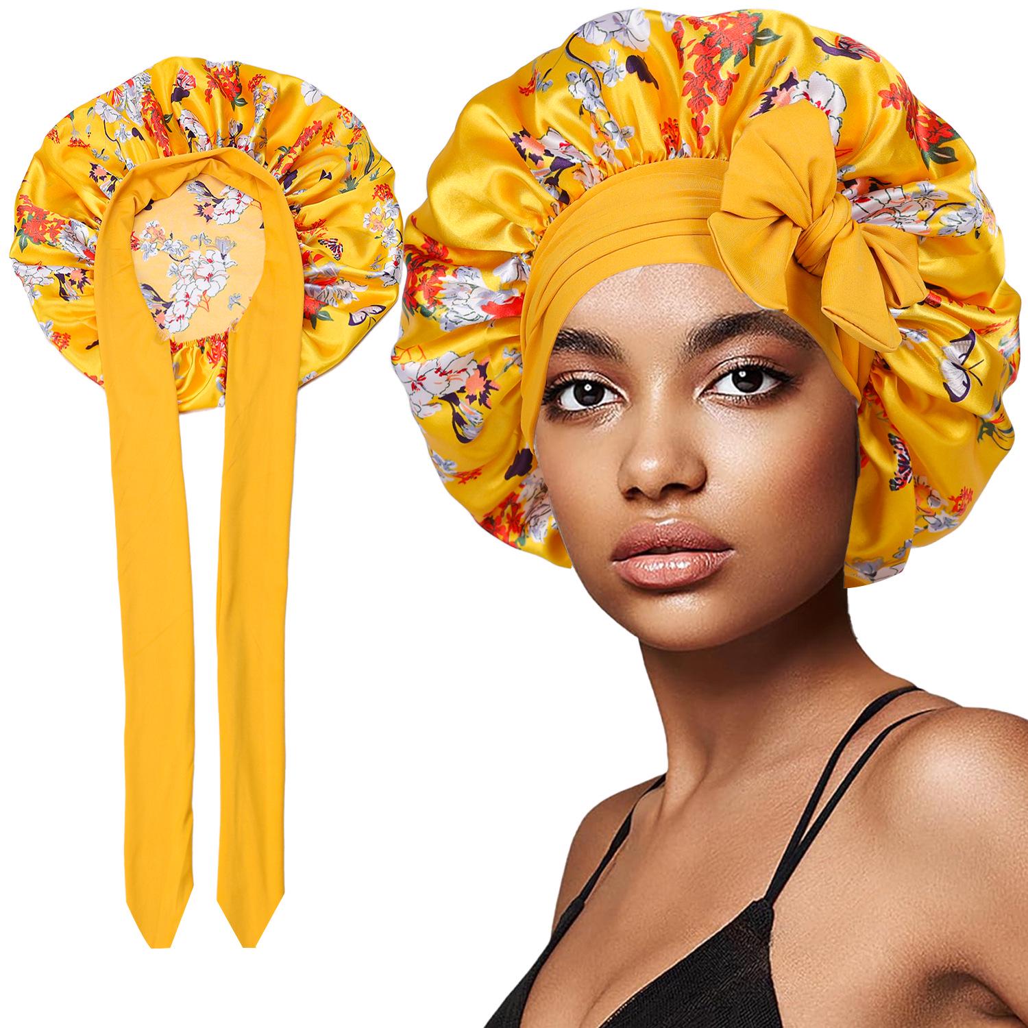 

New Elastic Women s Printed Nightcap with Double Ribbons for Hair Protection One Size