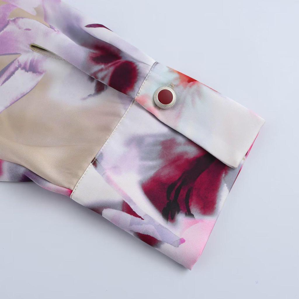 Spring 2025 Floral Print Satin Shirt for Women: Elegant, Casual, Lapel Design