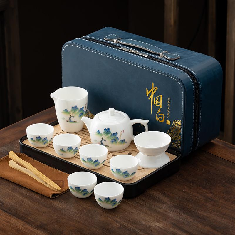 Light luxury suet jade white porcelain tea set household living room office Chinese high-end kung fu tea set
