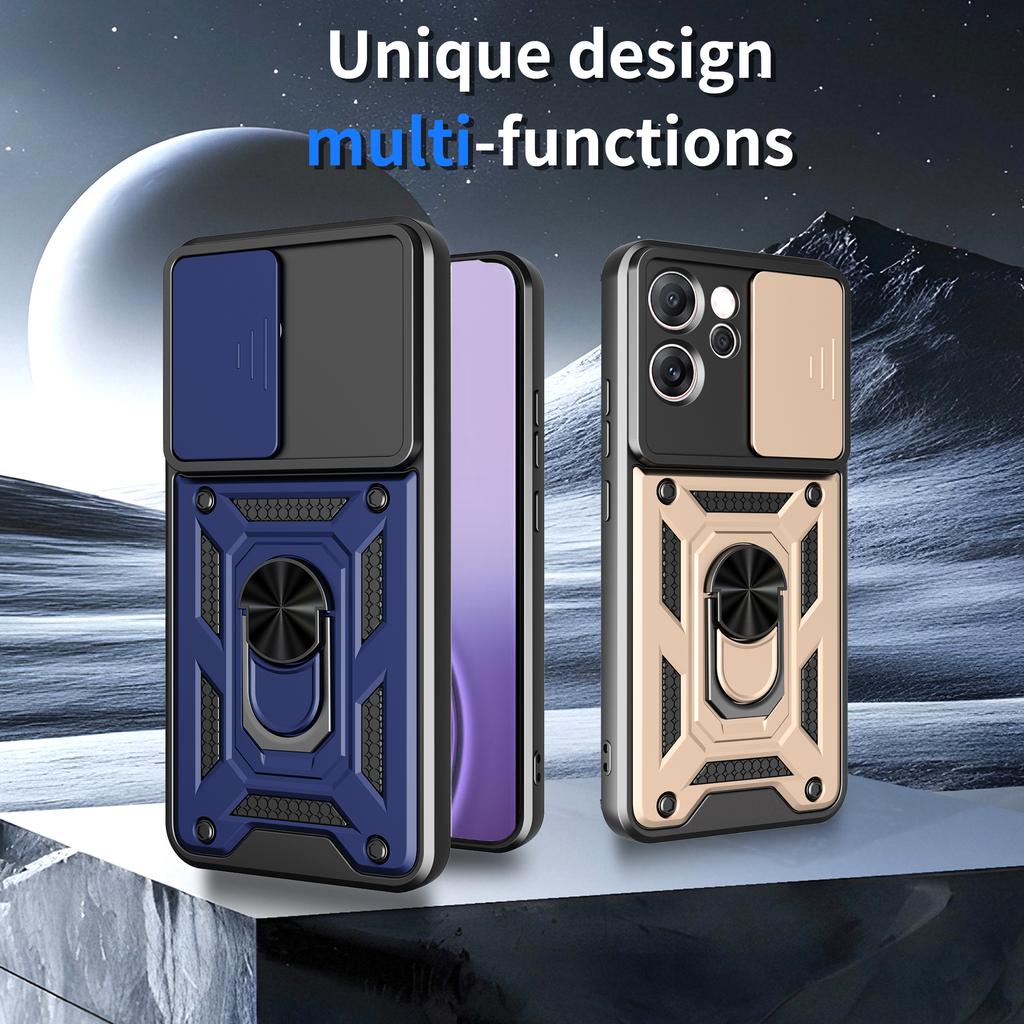 For Oppo Reno14 F 5G Case with Slide Camera Lid PC+TPU Kickstand Phone Cover